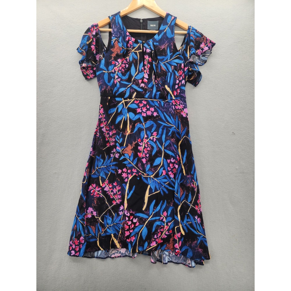 Maeve Anthropologie Cold Shoulder‎ Floral Midi Dress Blue Pink Black Size 6 Boho